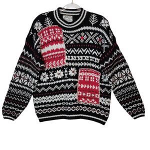 Heirloom Collectibles Vintage Fair Isle Nordic Crew Neck Sweater Black White M